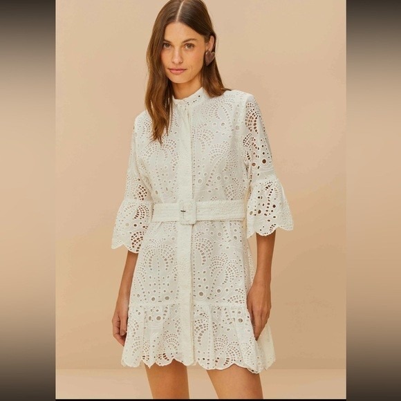 FARM Rio Dresses & Skirts - Farm Rio White Richelieu Eyelet Belted Mini Dress XS Embroidered Boho Ruffle